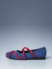 CUCCOO GRLICON 女士平底鞋，方头撞色搭扣设计，休闲平底鞋，机车风穿搭，酷女孩必备，适合春夏、度假、旅行，2000年代风格 - 牛仔藍 - 查看 3