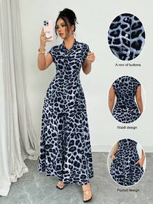 Rafferiza Women's Elegant Leopard Print Collared Short Sleeve Button Down Waist Dress - Wander Blue - View 4