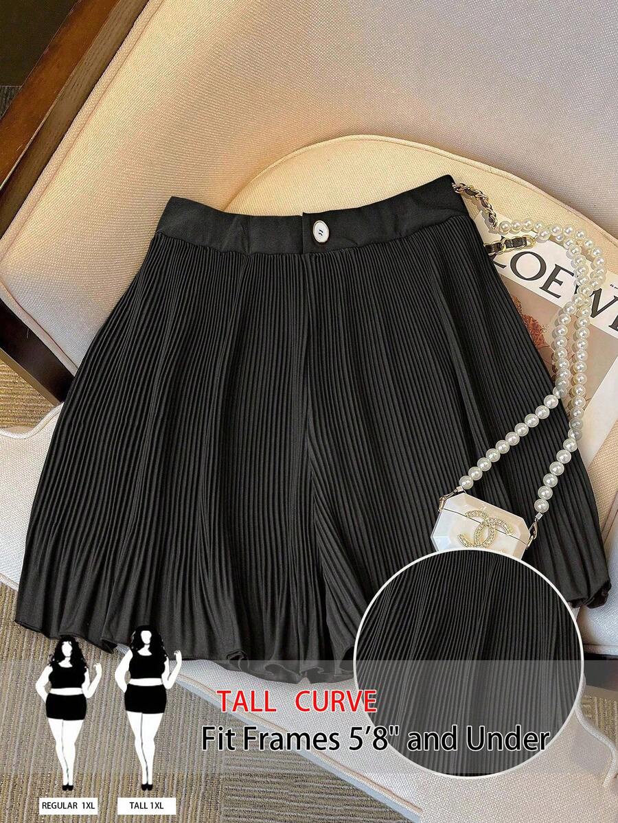 SHEIN Tall CURVE 女士大码高腰褶皱弹力腰短裤 - 黑色 - 查看 1