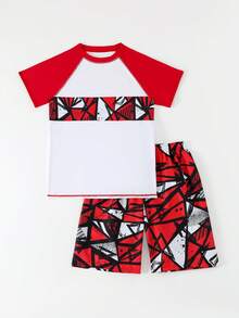 2pcs/Set Teen Boys' Swimwear,Sporty White Rash Guard & Red Geometric Print Swim Trunks,Raglan Sleeve Streetwear,Summer Beach Outfits For Pool Party - Burgundy - View 7
