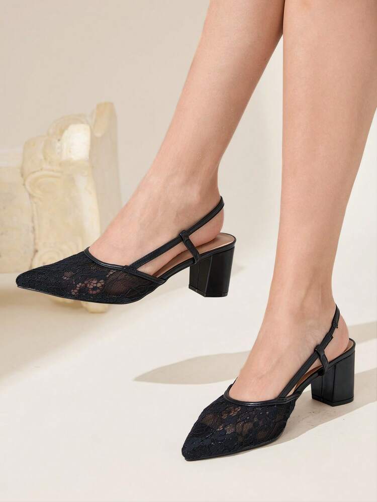 CUCCOO CHICEST Women Floral Lace Mesh Pointed Toe Chunky Heel Mid Heel Pumps, Elegant And Romantic Black Lace High Heels Shoes For Dates, Afternoon Tea For Christmas Elegant Shoes Wedding Shoes Summer Shoes Bride Shoes