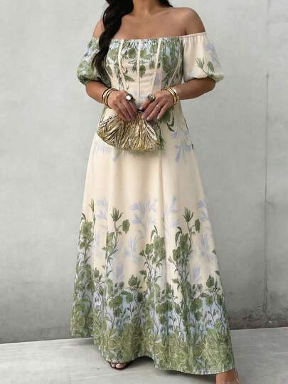 Elenzga Vestido de línea A con hombros descubiertos y ribete de contraste en la cintura, adecuado para uso diario y vacaciones, talla grande, primavera/verano