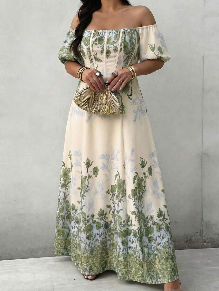 Elenzga 大码女士优雅露肩撞色滚边腰部A字连衣裙,适合日常和度假穿着,春夏款 - 彩色 - 查看 1