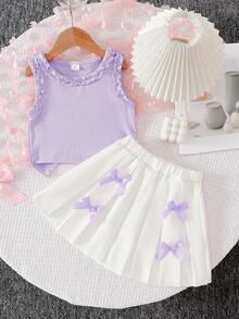 Genkimix Kids 2 pezzi Set di top canotta con volant all'orlo e minigonna in maglia a costine tinta unita, adatto per casual, vacanze, sport, estate - Viola - Visualizzare 7