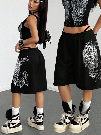 SHEIN PETITE 女士黑色朋克风印花短裤