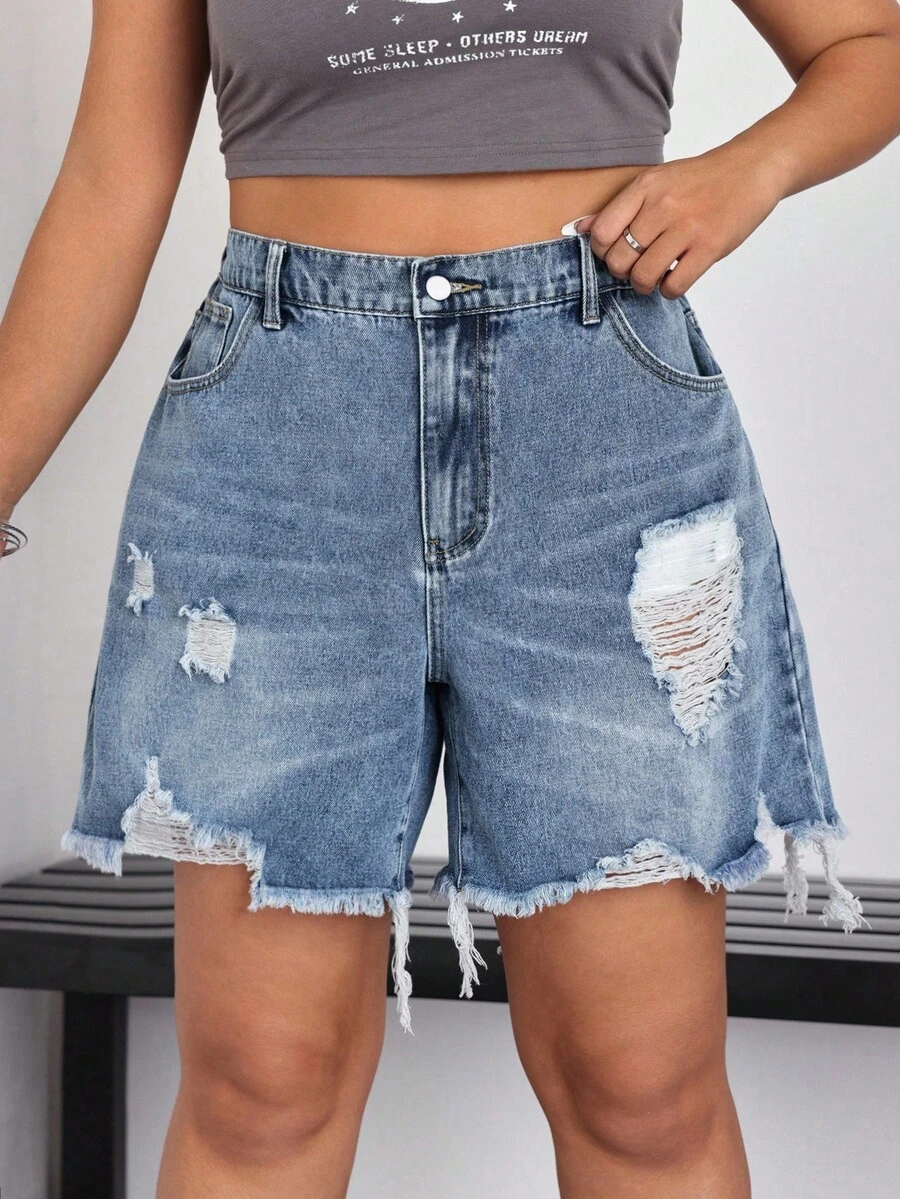 SHEIN CURVE+ Quần short denim rách dáng rộng mùa hè cỡ lớn - Màu xanh lam - Xem 1