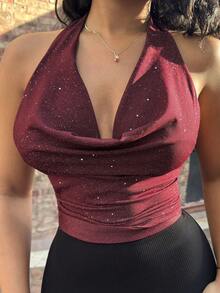 Alexandranx 酒红色露背针织亮片派对圣诞性感深V领吊带背心 - 酒紅色 - 查看 6