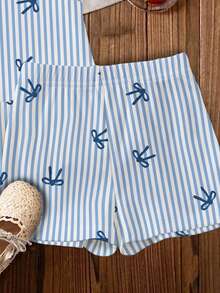 少女蓝色蝴蝶结数码印花无袖上衣和短裤两件套 - 彩色 - 查看 6