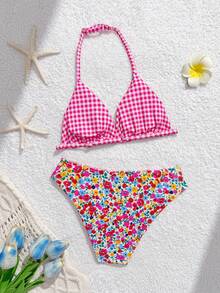 SHEIN Conjunto de traje de baño para niña preadolescente, con estampado floral diminuto y malla rosa reversible, adecuado para vacaciones en la playa, natación, fiesta en la piscina - Bikini de 2 piezas para niñas preadolescentes - Multicolor - Ver 5