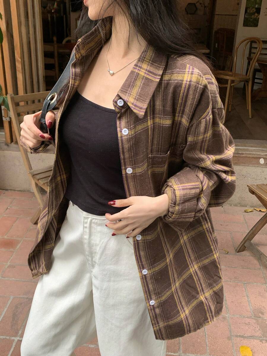 DAZY 女士格子印花纽扣长袖休闲衬衫 - 棕色 - 查看 1