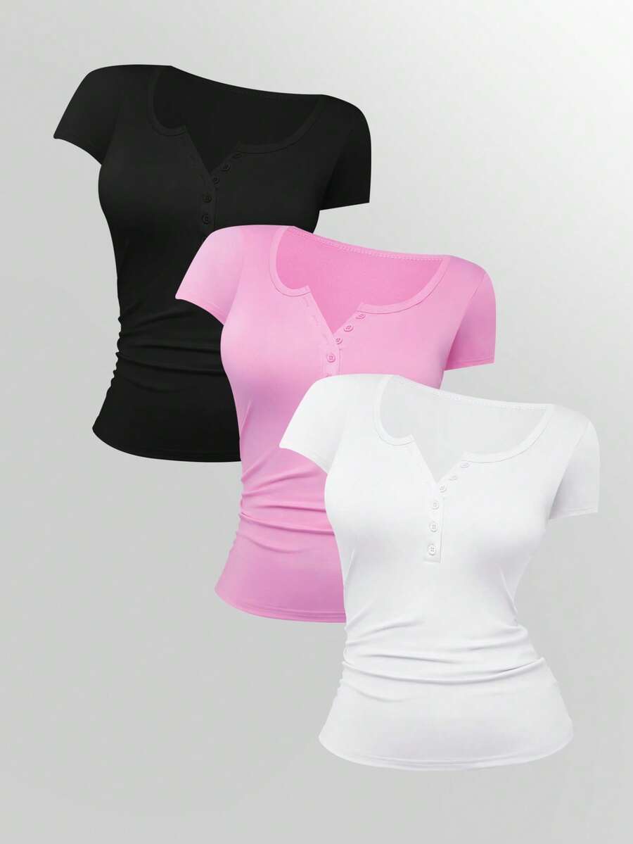 INAWLY Women's Casual Solid Color Short Sleeve T-Shirt, Versatile For Summer - Multicolor - View 1