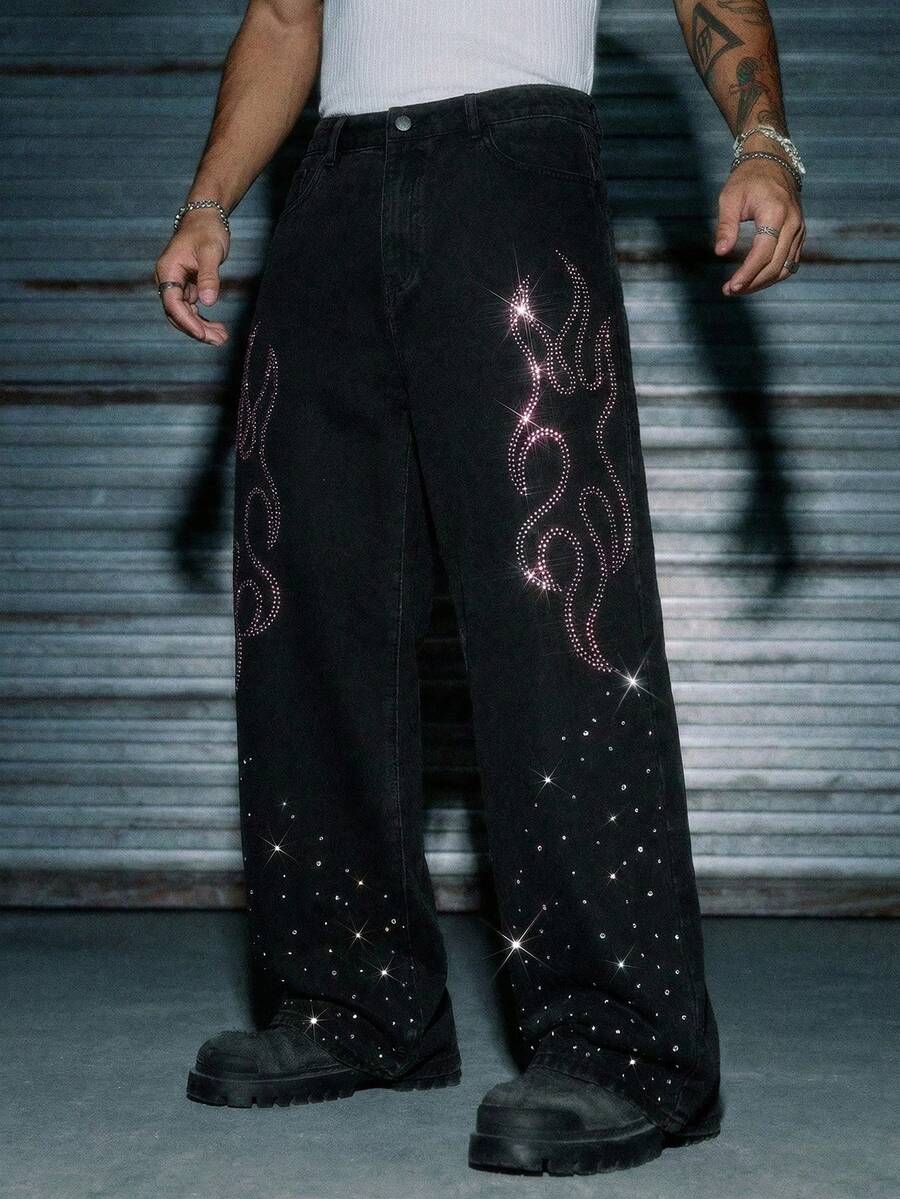 AXEPEAK Men's Washed Black Pants With Rhinestone Embellishment - Black - View 1