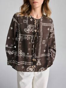 Ontre 女士复古印花系带长袖衬衫 - 棕色 - 查看 3