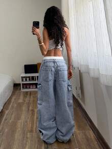 StreetHx Quần jeans ống rộng dáng rộng thoải mái, có túi và cúc dành cho nữ, thích hợp mặc hàng ngày. - Rửa nhẹ - Xem 2