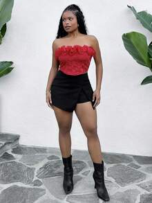 Tyla Gomez 女士优雅提花荷叶边抹胸上衣 - 紅色 - 查看 4