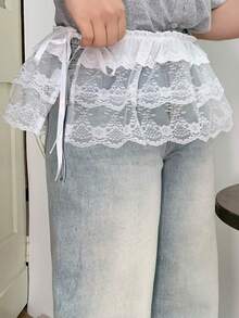 Dazy Plus Chân váy mini xếp ly màu trắng hai lớp buộc dây ren cỡ lớn dành cho mùa hè - trắng - Xem 4