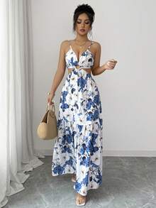 Elenzga Đầm xòe chữ A hở lưng, thắt eo, nơ rỗng, họa tiết hoa xanh trắng dành cho nữ, thích hợp cho công sở, thời trang, thanh lịch, đa năng, lãng mạn, ngọt ngào, phong cách Pháp cổ điển, đi nghỉ mát. - Nhiều màu - Xem 4