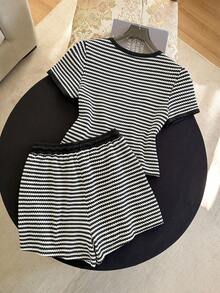GlowEve Classic Best-Selling Black & White Striped Round Neck Contrast Trim Short Sleeve Casual T-Shirt And Black Drawstring Waist Shorts 2-Piece Set - Black and White - View 2