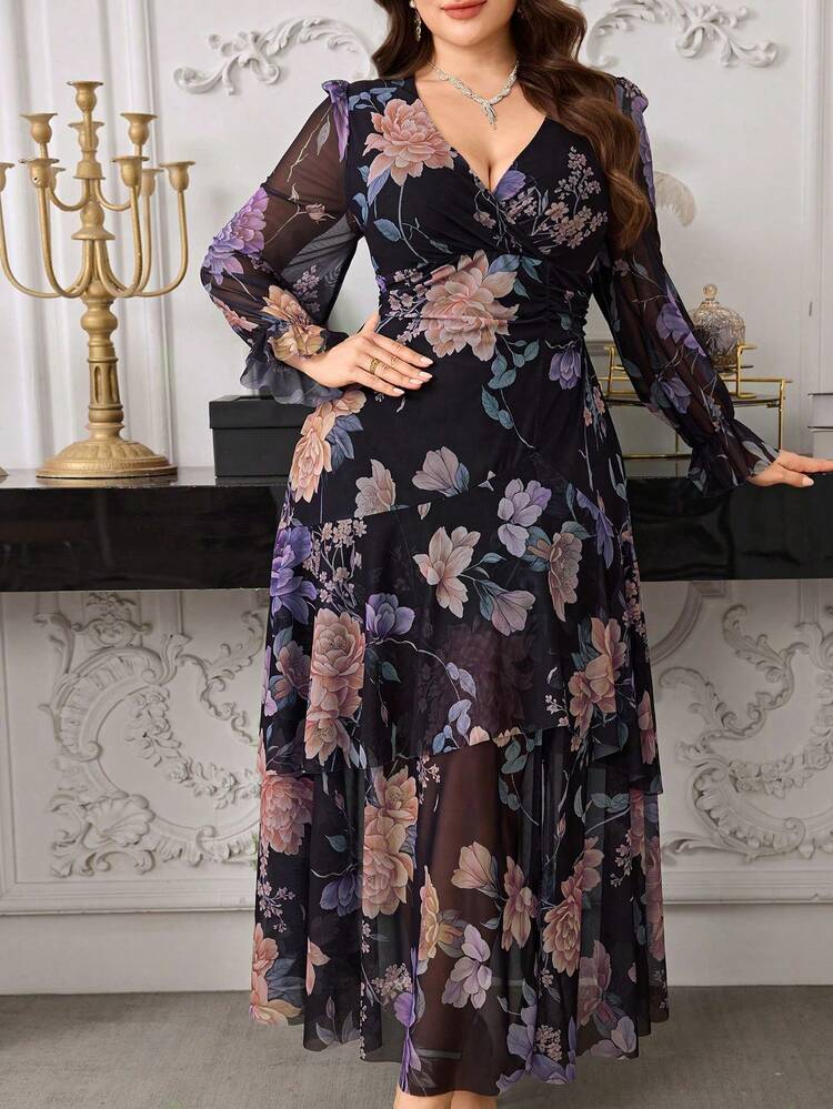 Modelyn Women's Cross V-Neck Long Sleeve Ruffle Waist Elastic Net Printed Elegant Romantic Vacation Plus Size Dress - Multicolor - View 3