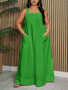 SHEIN CURVE+ Curve 尺码 US22 音乐节、海滨度假、波西米亚风宽松绿色无袖口袋 A 字连衣裙，适合度假、优雅休闲和日常穿着，春夏款 - 綠色 - 查看 4