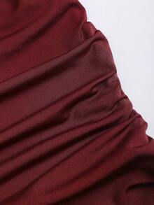 Sweetra Đầm midi nữ thời trang mới, thanh lịch, kiểu dáng bất đối xứng vai, phối ren tương phản, màu trơn, có nơ, tay dài, chất liệu co giãn. - Màu Đỏ Sâu - Xem 6