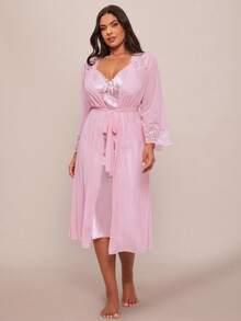 SHEIN BAE Set de 2 piezas de bata y camisón de pijama con parches de encaje de lujo, talla grande - Rosa - Ver 4