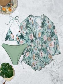 Swim Lushoire Trajes de baño para mujer de verano, paquete de 3 piezas con estampado tropical aleatorio, bikini con escote halter y cordón lateral - verde menta - Ver 3