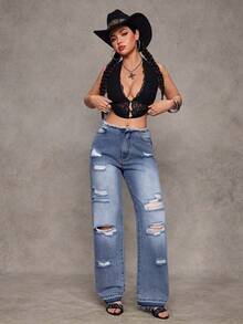 Jeanoix Y2K 时尚低腰休闲做旧水洗直筒牛仔裤 - 中等水洗藍 - 查看 6