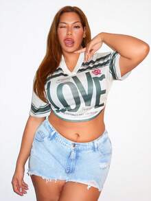 MelDlgn Damen Große Größen V-Ausschnitt Locker geschnittenes 5/Kurzarm Mesh T-Shirt, Streetwear/Schulanfang/Crop Top/Mesh Top/Y2K/Liebesbrief Muster Kurzarm T-Shirt, geeignet für Sport/Sommer - Verschiedenfarbig - Übersicht 6