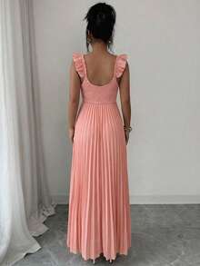 Elenzga 1pc Women's Spring/Summer Pleated Ruffle Trim Waist A-Line Dress, Elegant For Dates, Outings And Commuting - Pink - View 2