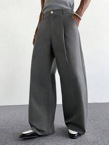 PAVTROS 男士宽松休闲百搭纯色阔腿裤 - 深灰色 - 查看 4