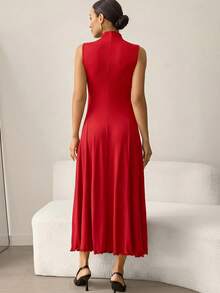 MaterniWear 紅色夏季優雅孕婦洋裝，無袖小高領 A 字裙，孕婦通勤工作穿搭附腰帶 - 紅色 - 查看 6