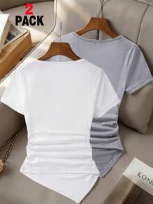 SHEIN 少女多色设计不对称领口褶皱腰身+金属扣不规则短袖T恤，适合春夏穿着，独特的不对称领口设计，褶皱腰身，金属扣点缀，展现个性时尚，适合日常、派对、校园等场合。 - 彩色 - 查看 2