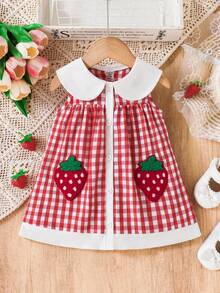 SHEIN Playful Pals Áo khoác cardigan mùa hè mới cho bé gái, cổ Peter Pan kẻ caro, đính họa tiết dâu tây 3D, kiểu dáng công chúa ngọt ngào, dễ thương, phù hợp cho cả đi làm và sinh hoạt hàng ngày. - Đỏ - Xem 7
