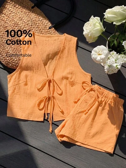 Comfortcana Women's Neon Orange Tie-Up Cropped Sleeveless Top And Shorts Casual 2 Pieces Set, Summer