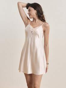 SHEIN Women's Lace Splicing Cami Sleep Dress Pajama Dress Luxeloungewear - Champagne - View 8