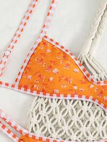 Swim Mod 春夏新款欧美甜美花卉拼接格纹流苏双面两件式泳衣套装，系带挂脖比基尼上衣和高腰泳裤，白色背景碎花图案，性感比基尼泳装，适合海滩、泳池、生日派对等场合 - 橘色 - 查看 6