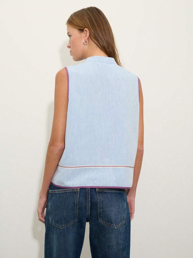 Nöista Top Sem Mangas em Tom Azul-Chambray Suave com Gola Mandarim
