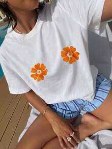 INAWLY 度假风花卉撞色圆领女式印花T恤 - 白色 - 查看 1