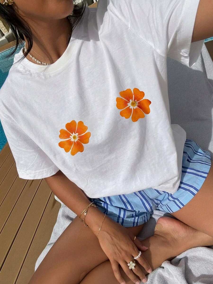 INAWLY 度假风花卉撞色圆领女式印花T恤 - 白色 - 查看 1