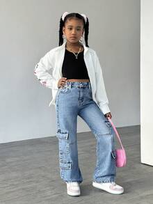 SHEIN Explorewe Tween Girl Oversized White Shirt With Graffiti And Bear Pattern - White - View 3