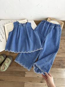 SHEIN LMoss Kids 2件套少女镂空刺绣花卉图案蓝色牛仔宽松背心和裤子套装 - 中等水洗藍 - 查看 9