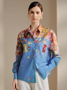 Anewsta Romantic Vacation Style Blue & White Striped Oil Painting Print Embellished Handmade Beaded & Sequin Floral Women Blouse - Blue - View 6