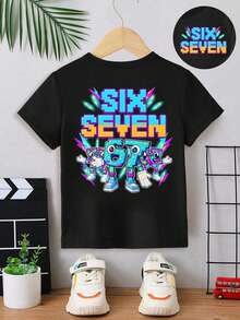 SHEIN Streecool Kids 幼儿男童休闲创意数字67及卡通积木闪电图案T恤，舒适百搭短袖T恤，适合春、夏、秋季穿着。 - 黑色 - 查看 6