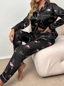 Conjunto de pijama con top de satén y pantalones con estampado de flamenco y letras, con detalles acogedores y elegantes para otoño e invierno - Negro - Ver 7
