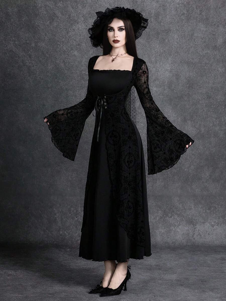 Glisette Retro Dark-Toned Flocked Mesh Flare Sleeve Fitted Mid-Length Dress For Women - Black - View 1