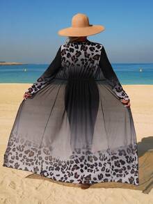 Swim Mulvari 3pcs Women's Middle Eastern Style Ombre Leopard Print Jumpsuit, Pants And Coverup Set, Elegant And Conservative Middle Eastern Design Burkini Swimwear - Black - View 2