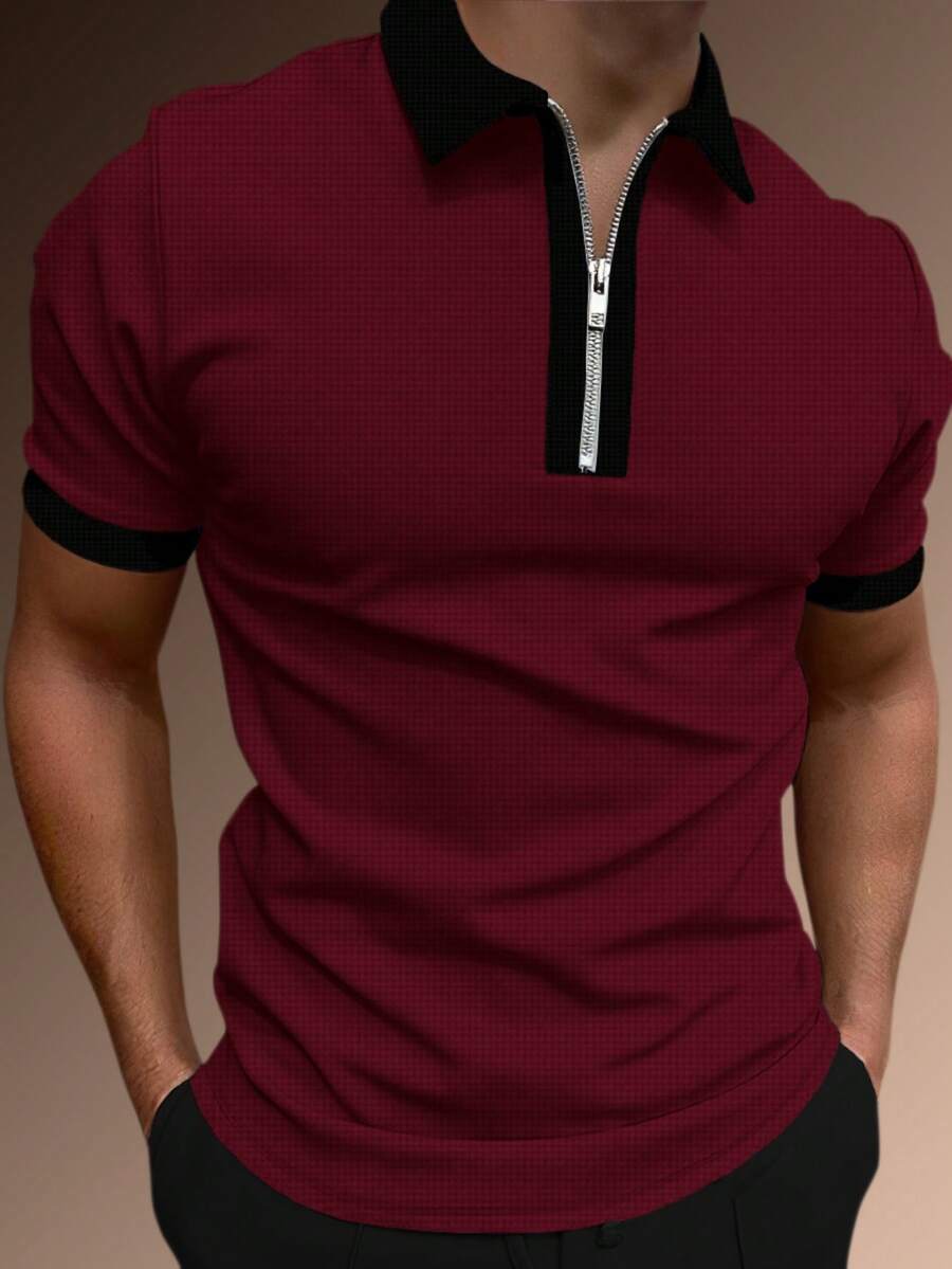 Manfinity Homme 男士撞色拉链短袖休闲Polo衫 - 酒紅色 - 查看 1