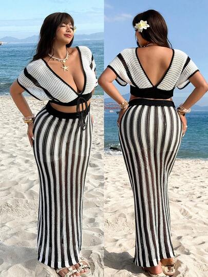 GalTyme Conjunto de top corto de punto con escote en V profundo y falda mini de mezcla de punto para mujer de talla grande a rayas