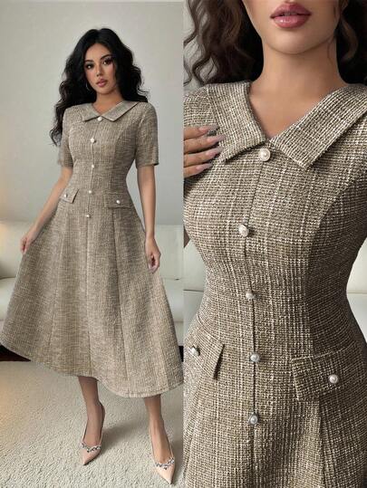 Elenzga Women's Textured Fabric Peter Pan Collar Cinched Waist A-Line Flared Dress, Metal Pearl Button Decoration, Elegant Unique Design With Faux Pockets, Short Sleeve Midi Dress